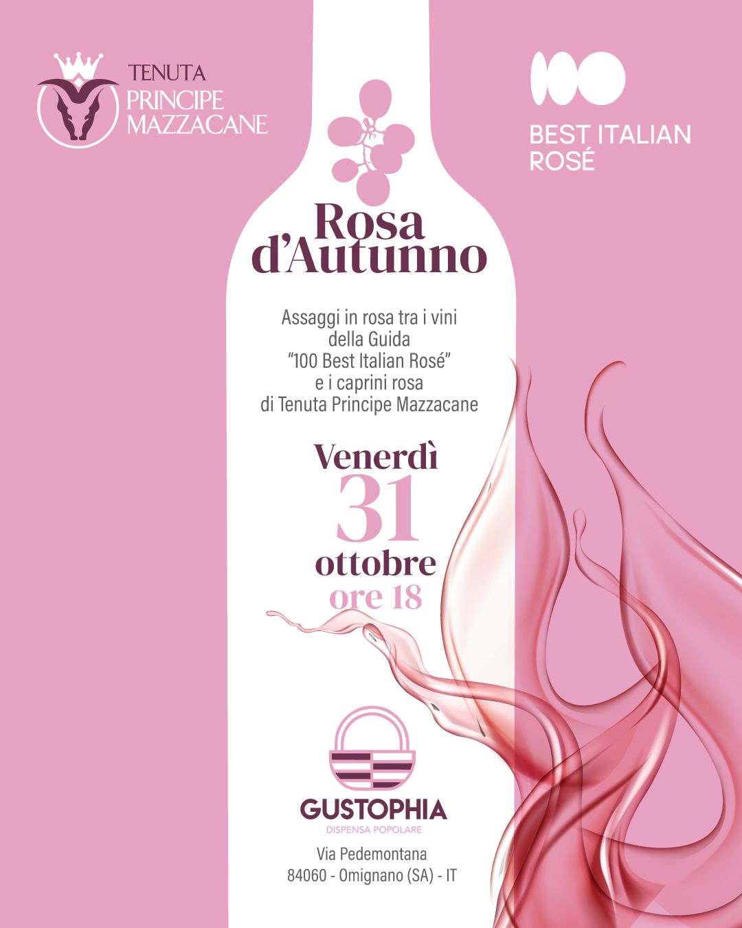 A Gustophia va in scena Rosa d'Autunno: degustazione guidata con i vini rosati della "100 Best" e i caprini "rosa" di Tenuta Principe Mazzacane